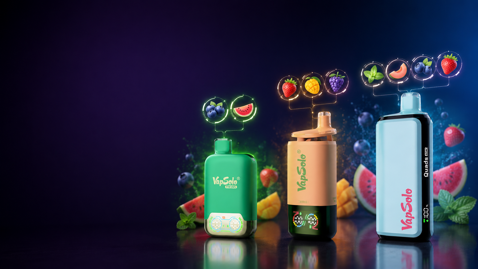 Comparativa de VapeSolo Twins, Triple y Quads con varios sabores y diferentes formatos multisabor.